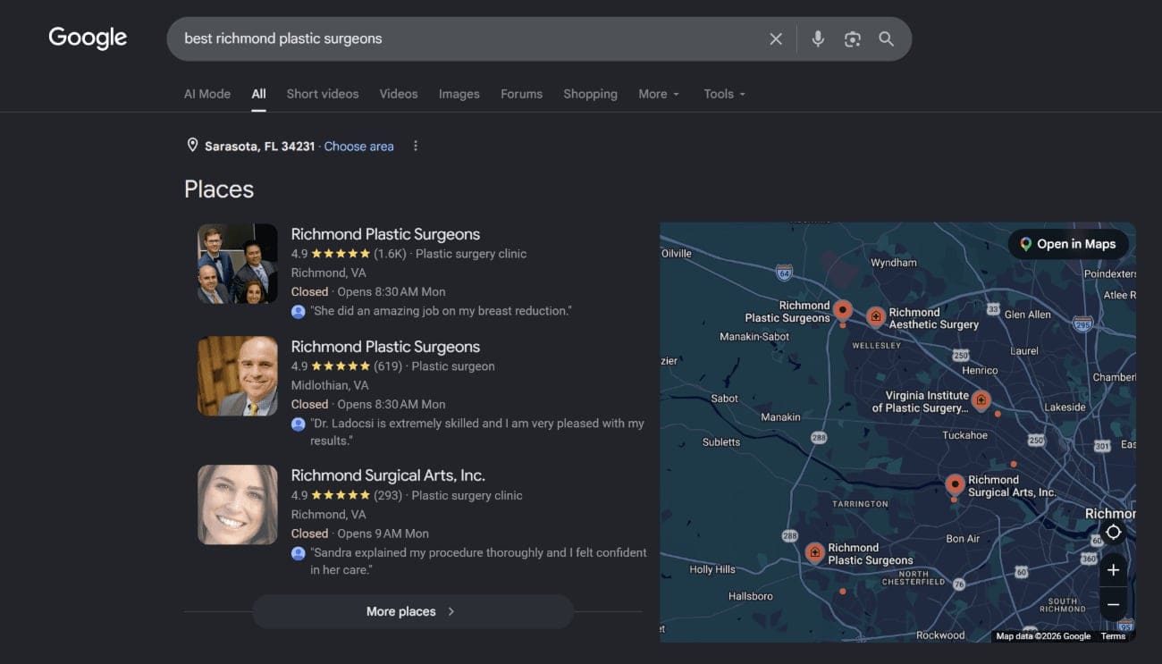 Richmond Surgical Arts at the top of the Google map pack