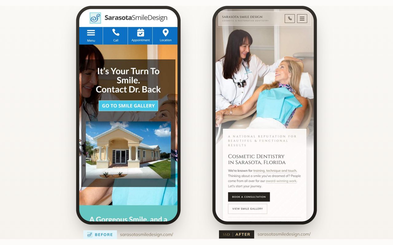 The old and new Sarasota Smile Design homepages on a phone