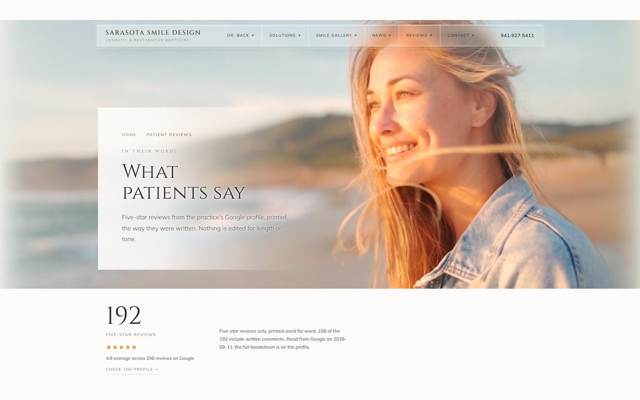 The new Sarasota Smile Design patient reviews page