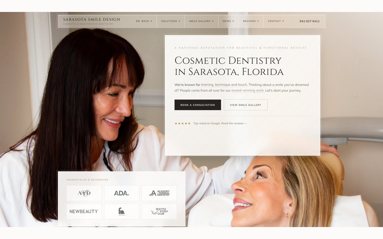 The new Sarasota Smile Design homepage on a 1920 by 1080 screen
