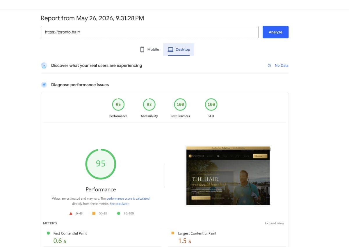 Google PageSpeed report for toronto.hair — Performance 95, Accessibility 93, Best Practices 100, SEO 100