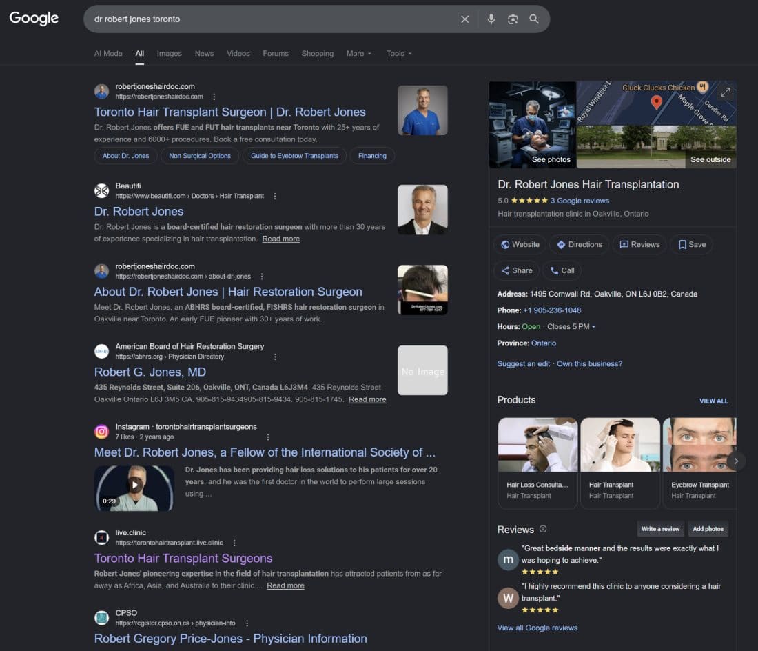 Google Business Profile panel for Dr. Robert Jones showing a 5.0 rating and reviews